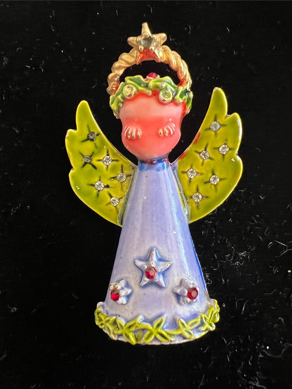 ART -Arthur Pepper, brooch in green, purpleish blue hues. 2” tall. Signed